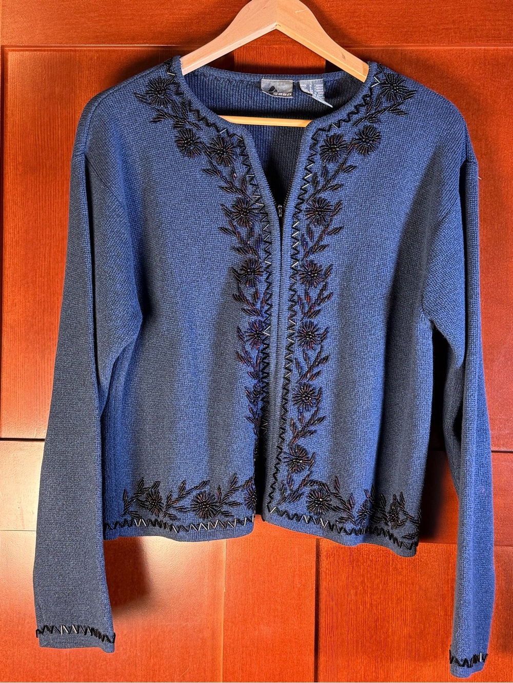 Vintage Lizwear Liz Claiborne Blue Beaded Cardigan Size L
